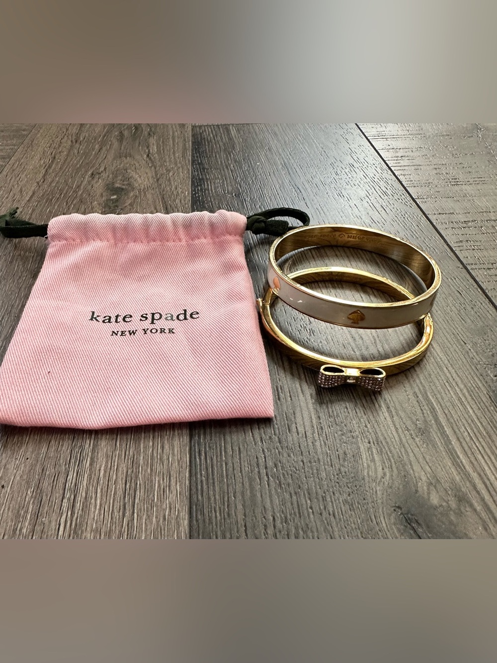 Kate Spade White & Gold Bangle Set of 2 - Hinged Bow And Ivory Enamel Spade Logo